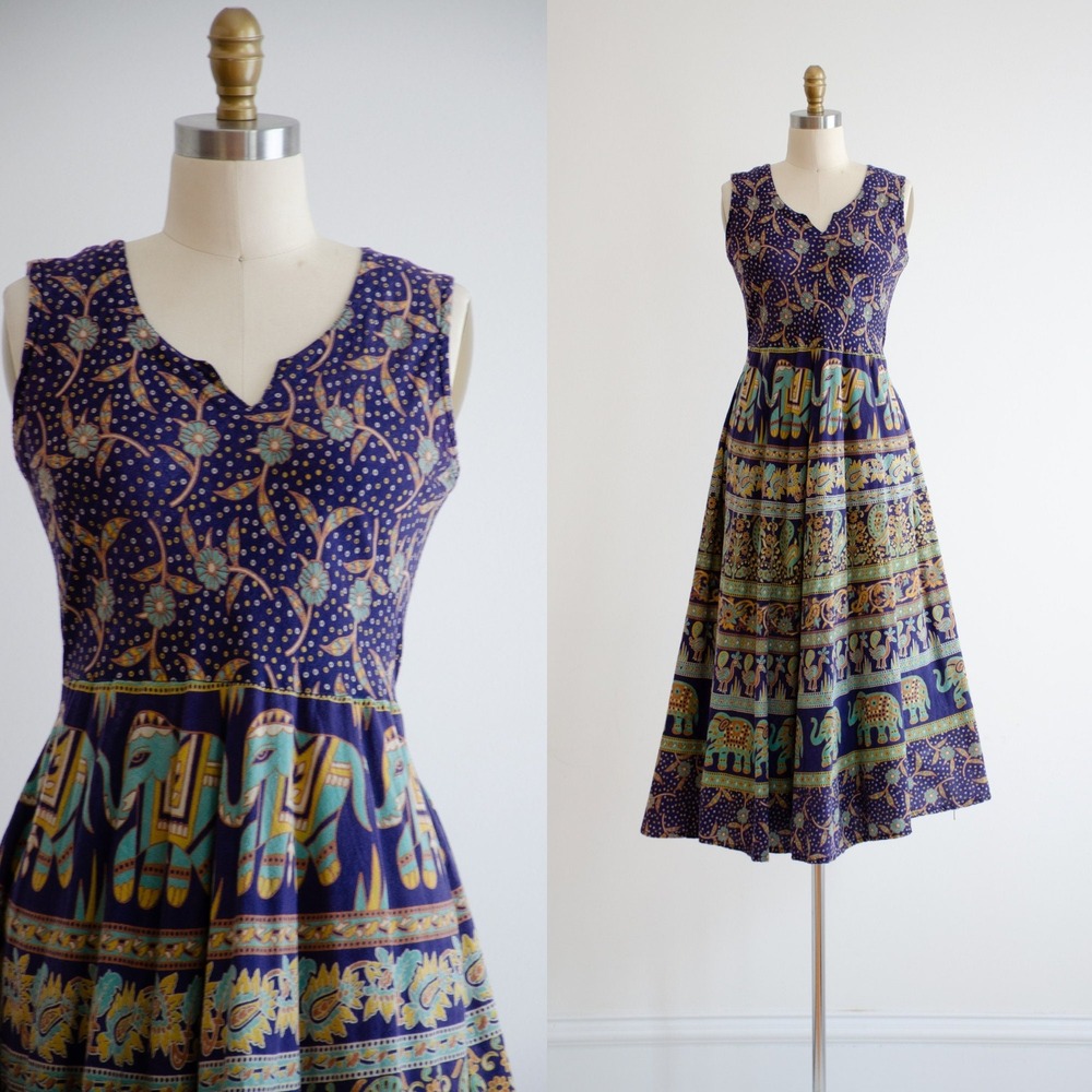 Vintage Indian Cotton Maxi Dress 70s Elephant Peacock Boho M Navy Sleeveless
